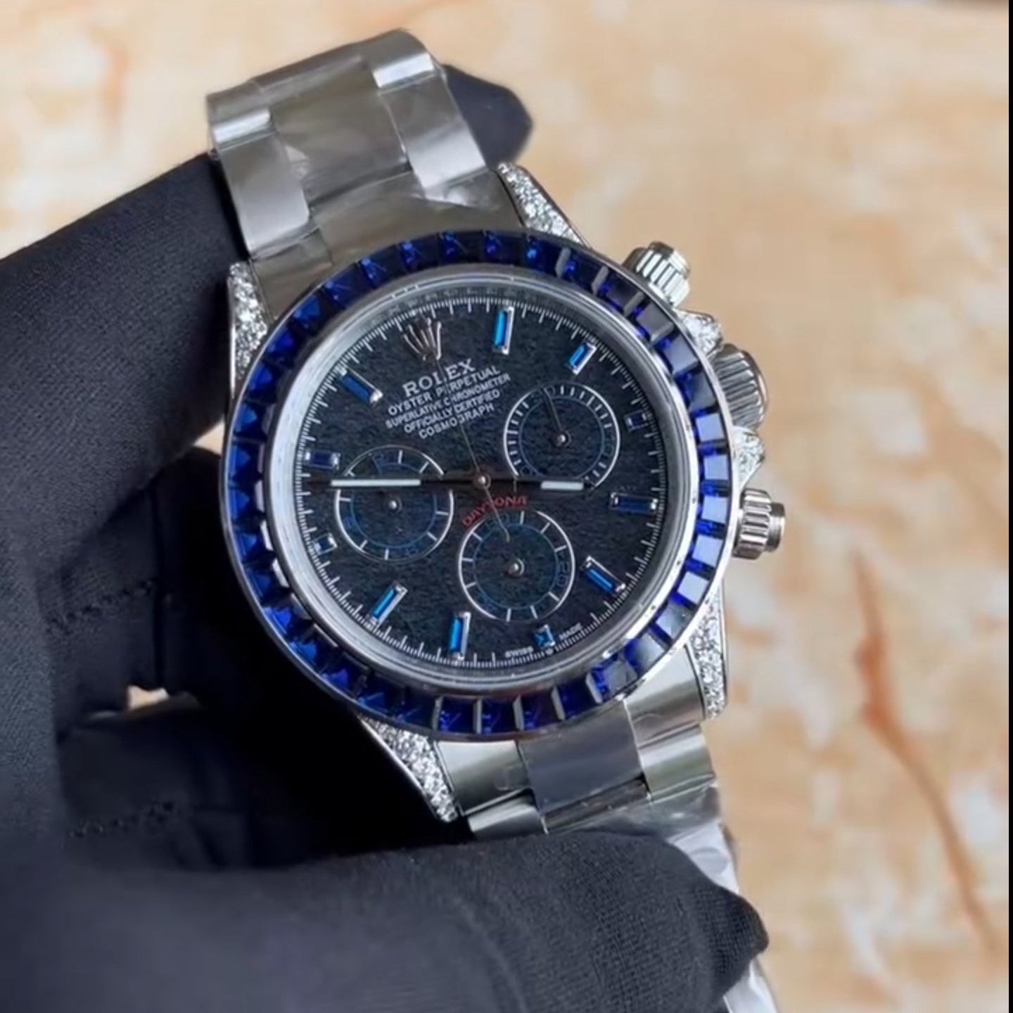 Daytona chronograph blue dial with baguette diamond bezel in stainless steel swiss superclone
