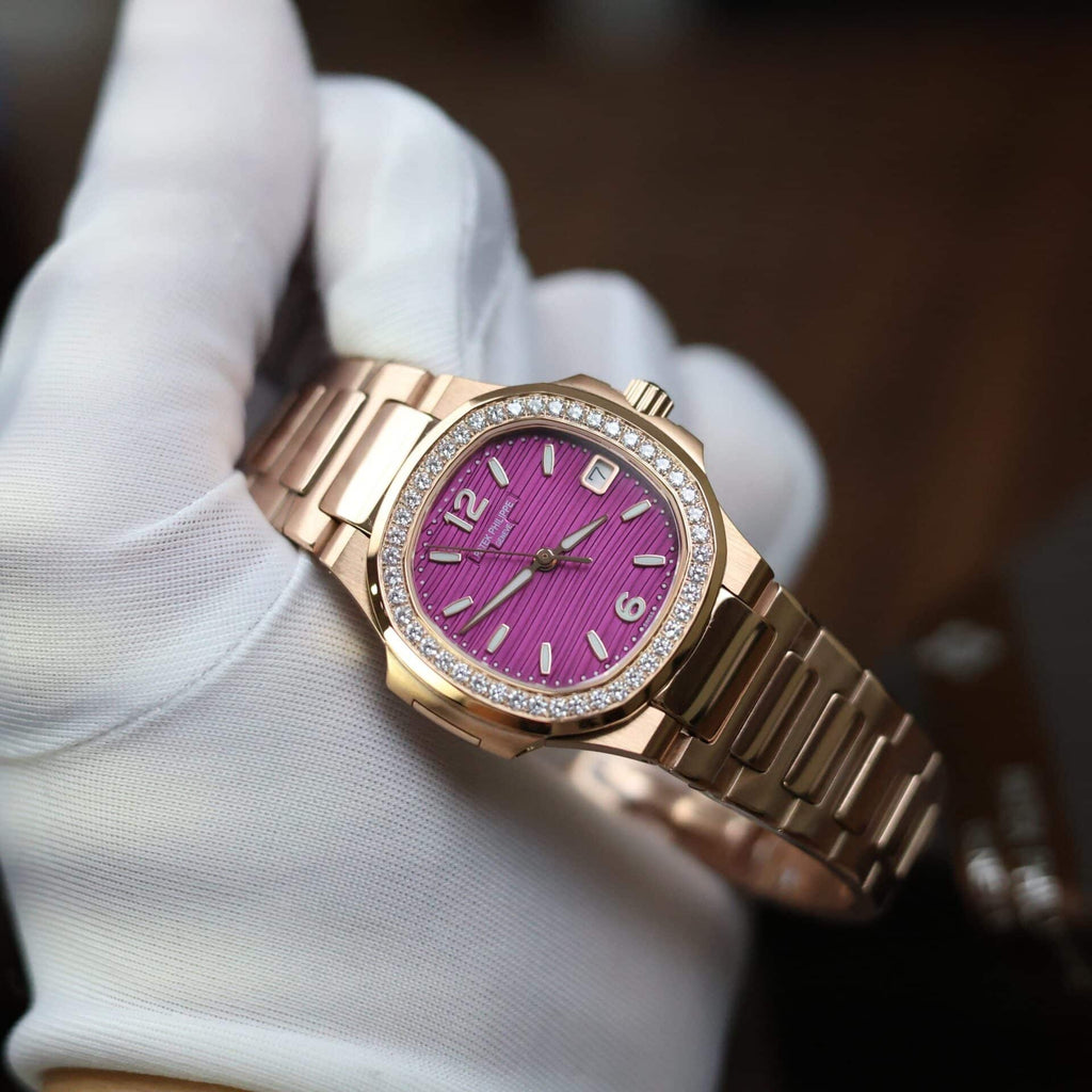PP Nautilus 7010/1R Rose Gold Purple Dial Diamond Bezel Replica GRF 32mm