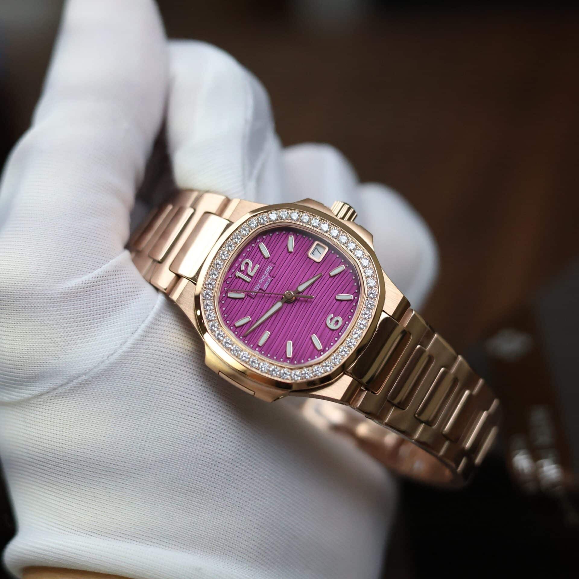 PP Nautilus 7010/1R Rose Gold Purple Dial Diamond Bezel Replica GRF 32mm