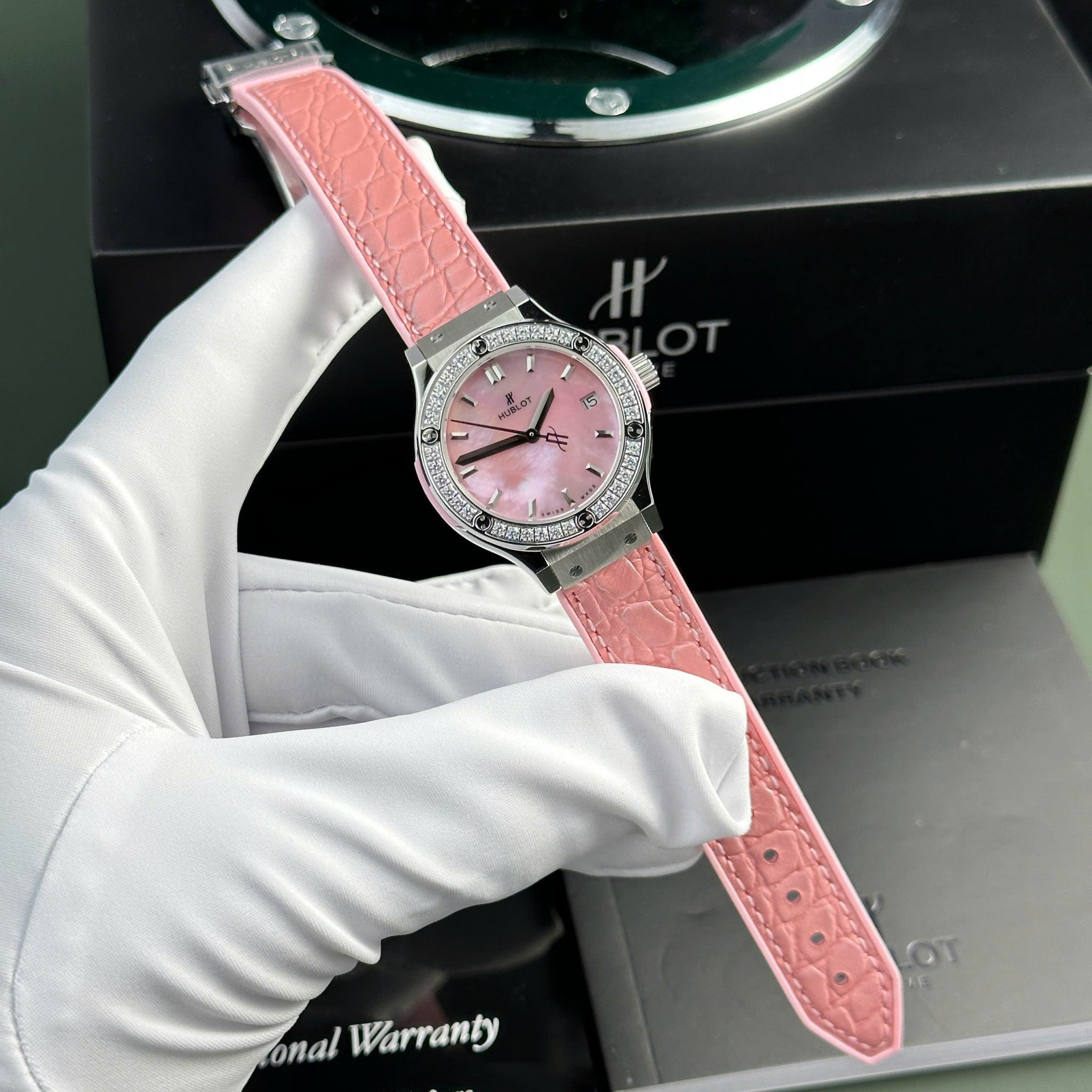 Hublot Classic Fusion Titanium Pink MOP Dial CZ Stones Bezel Leather Strap Ladies Replica 33mm