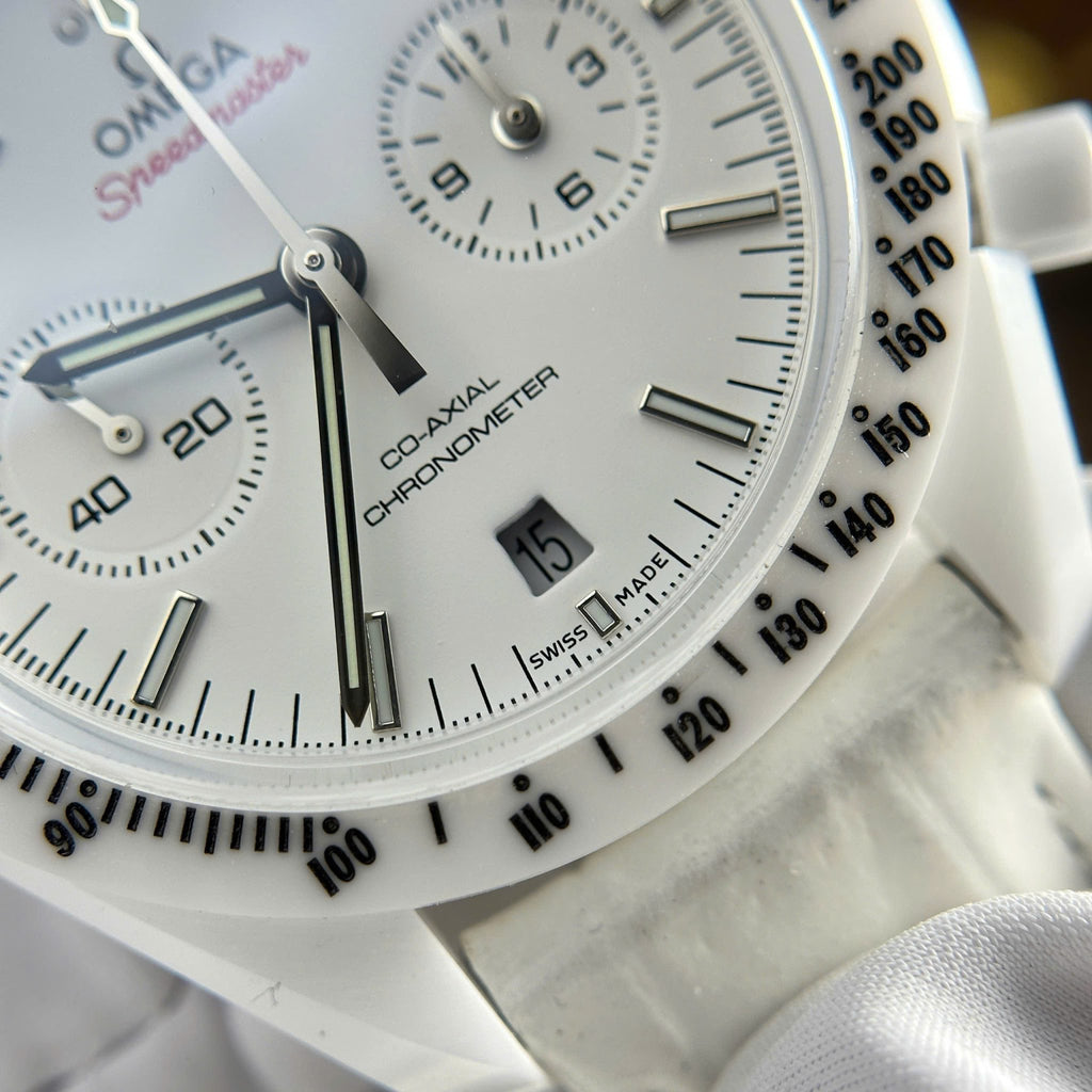 Omega Speedmaster White Side of The Moon White Ceramic Leather Strap Replica 44mm