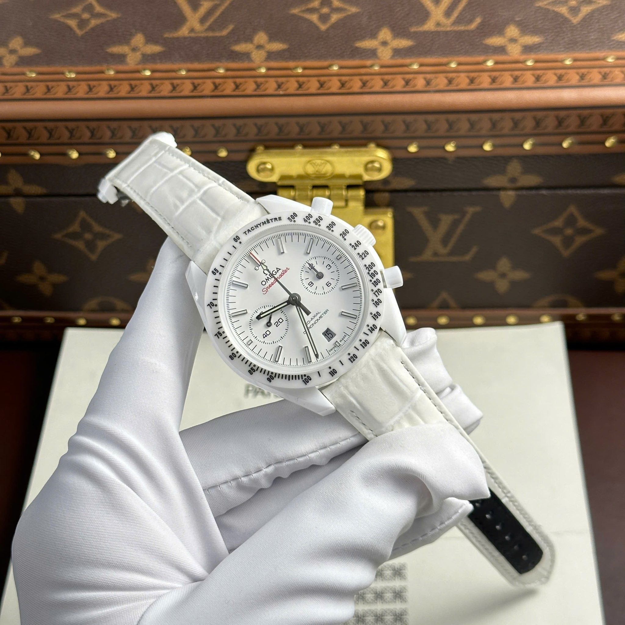 Omega Speedmaster White Side of The Moon White Ceramic Leather Strap Replica 44mm