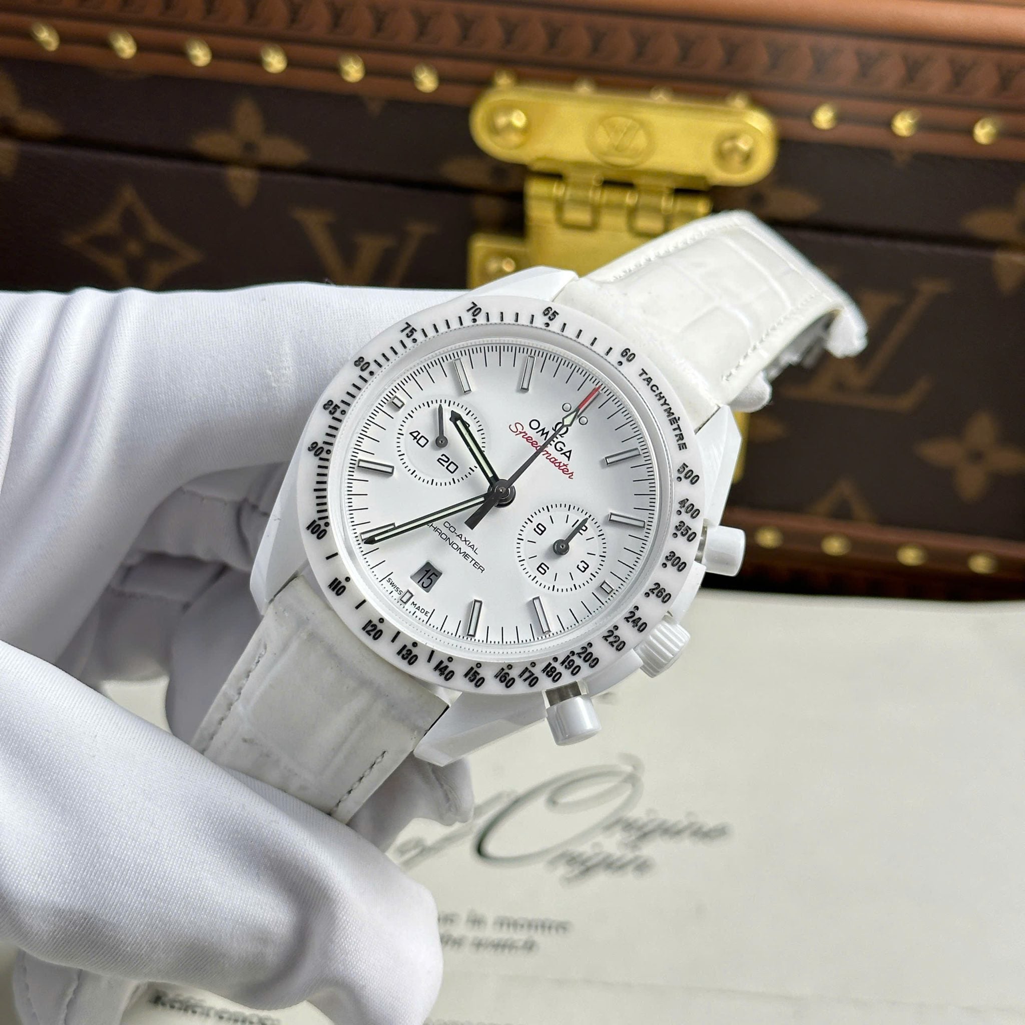Omega Speedmaster White Side of The Moon White Ceramic Leather Strap Replica 44mm