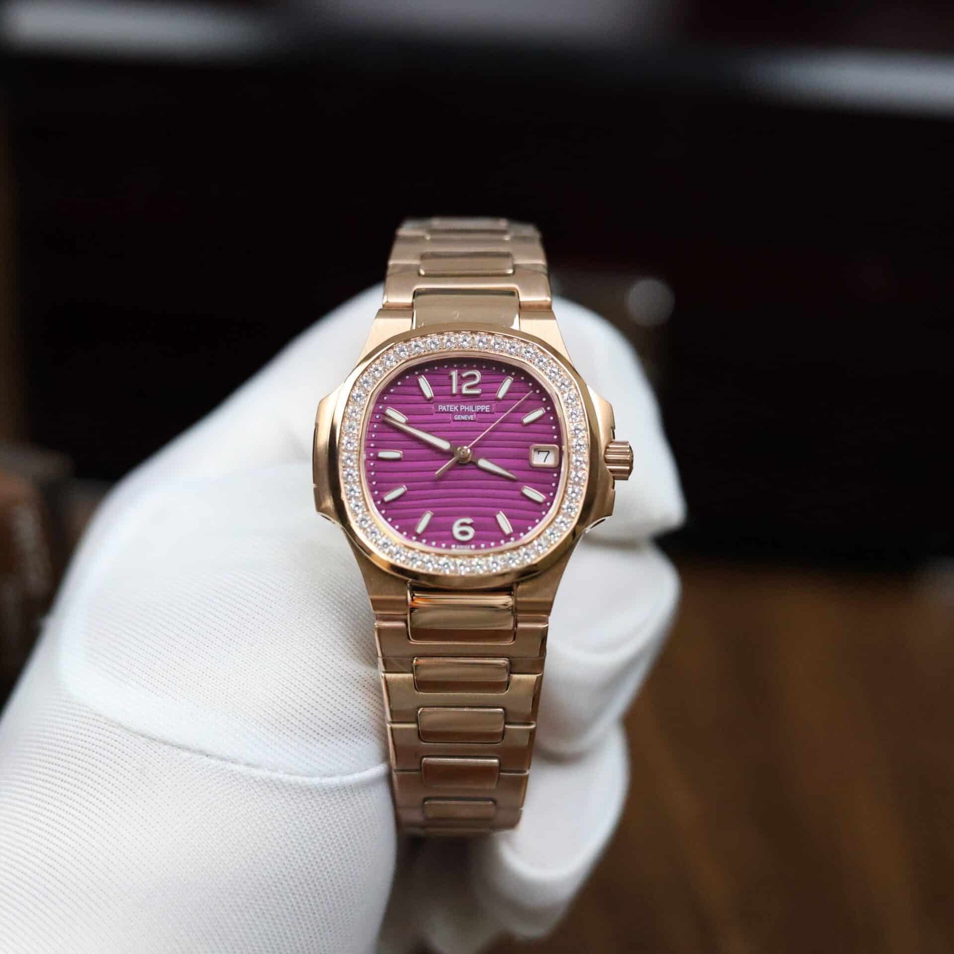 PP Nautilus 7010/1R Rose Gold Purple Dial Diamond Bezel Replica GRF 32mm