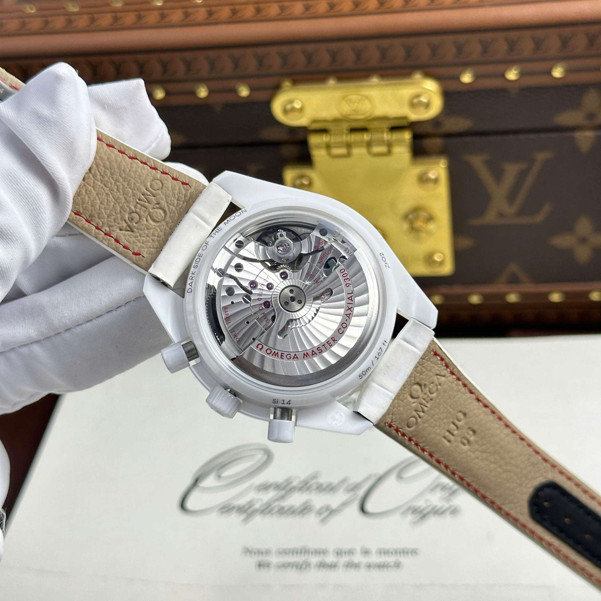 Omega Speedmaster White Side of The Moon White Ceramic Leather Strap Replica 44mm