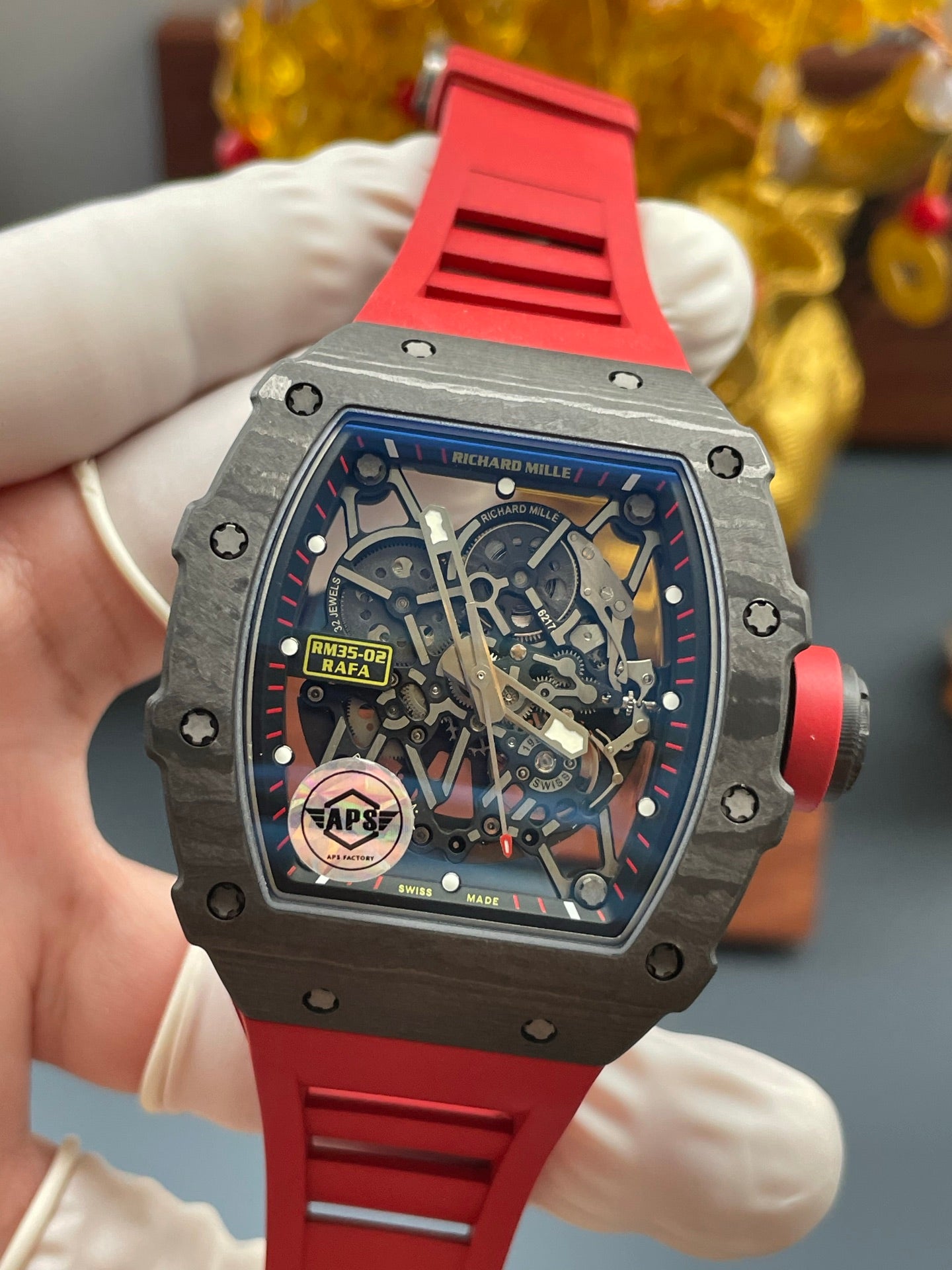 Richard Mille RM35-02 Rafael Nadal Black Carbon TPT 1:1 Super Clone Top Quality Free Sprung APSF V2 49.94mm x 44.5mm
