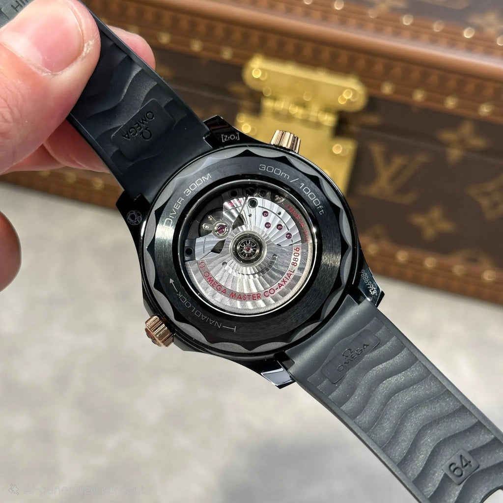 Seamaster Diver 300M Black Ceramic and Sedna Gold Rubber Strap Best Replica 43.5mm