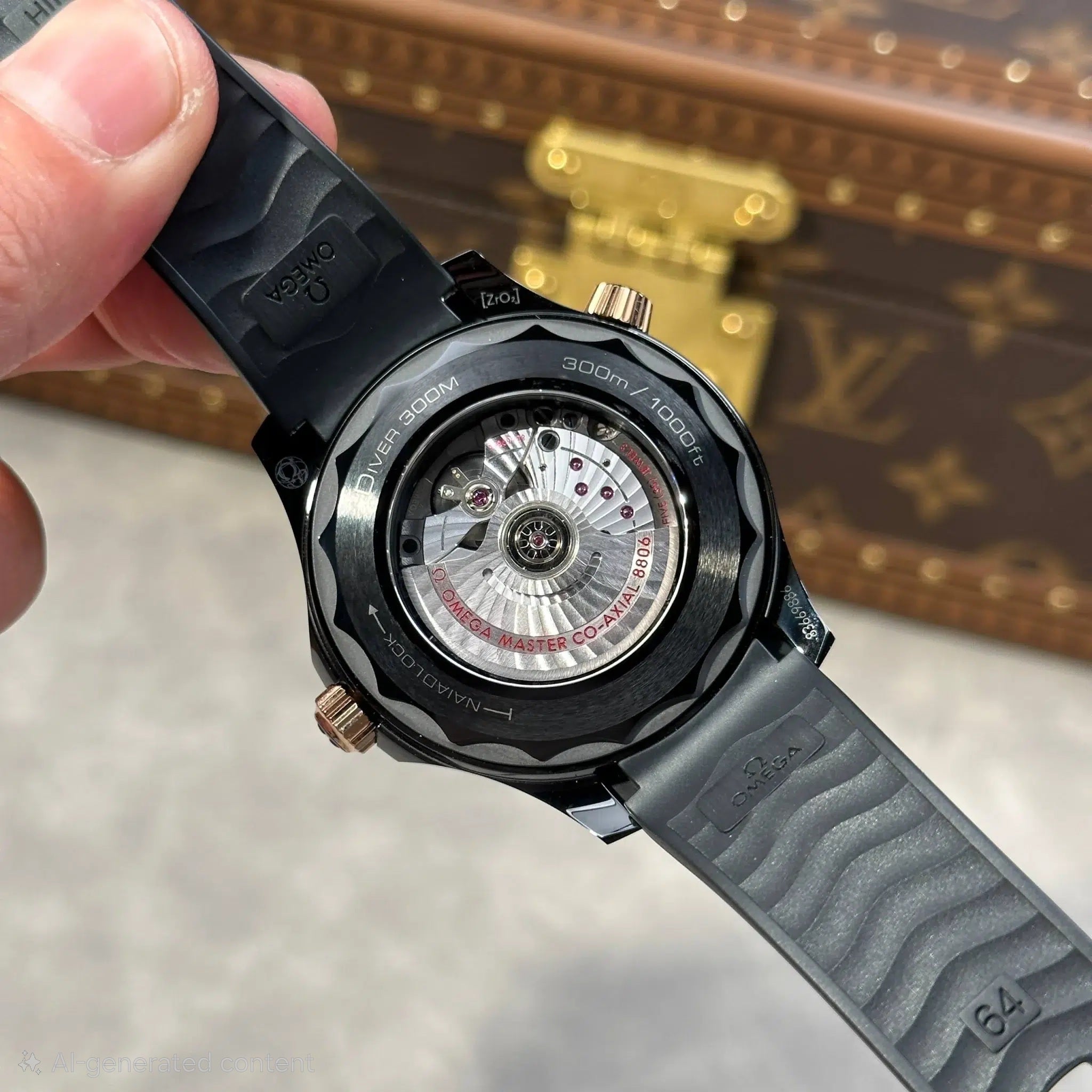 Seamaster Diver 300M Black Ceramic and Sedna Gold Rubber Strap Best Replica 43.5mm