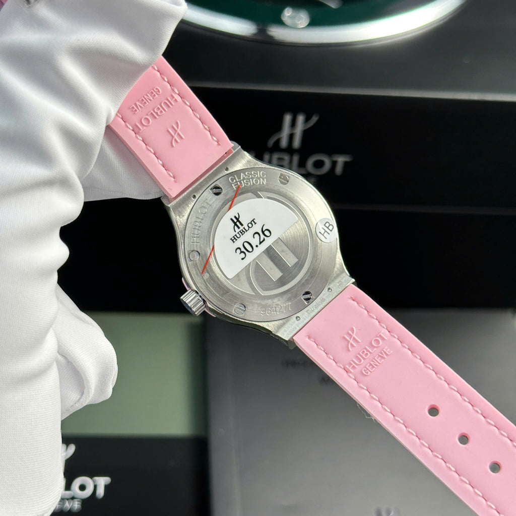 Hublot Classic Fusion Titanium Pink MOP Dial CZ Stones Bezel Leather Strap Ladies Replica 33mm
