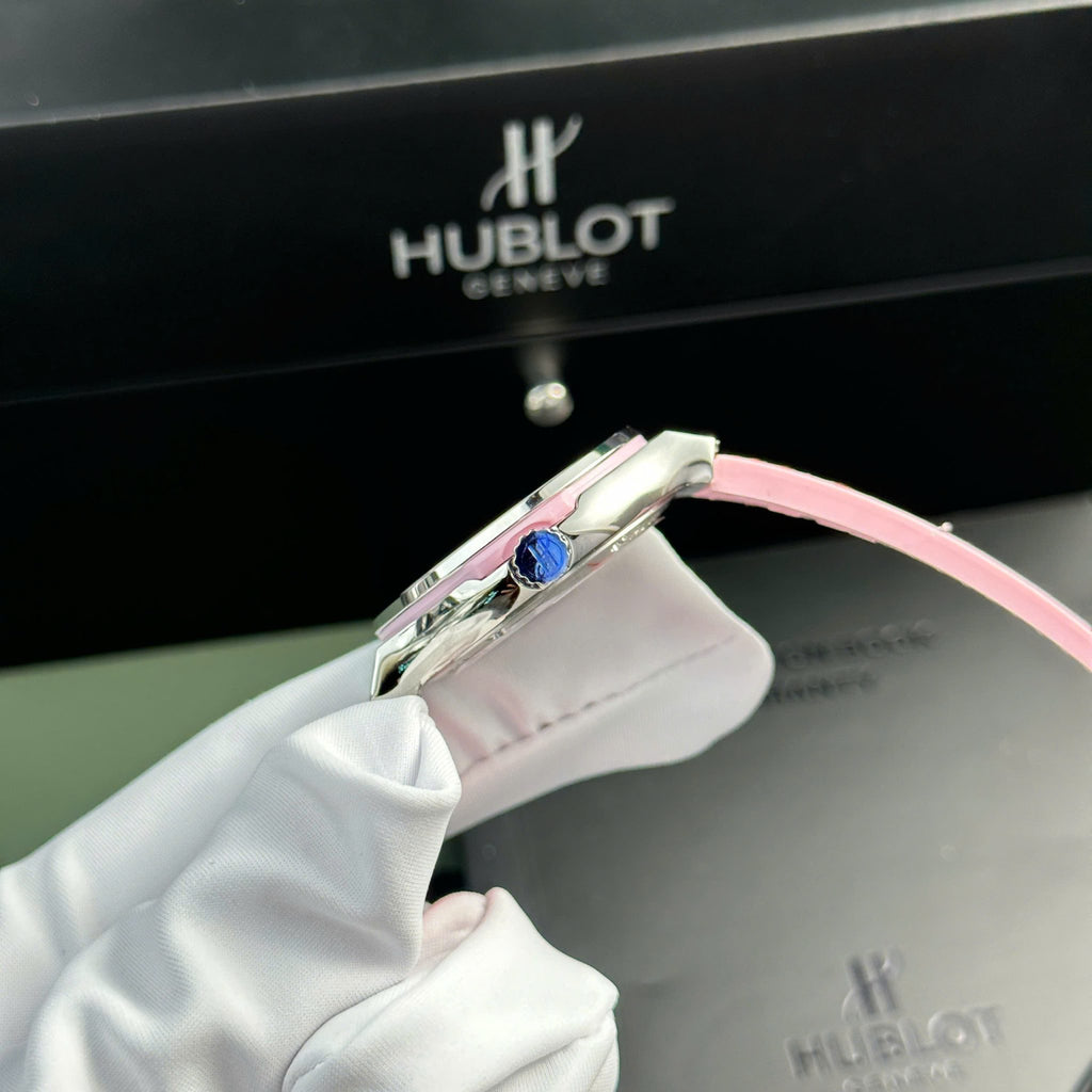 Hublot Classic Fusion Titanium Pink MOP Dial CZ Stones Bezel Leather Strap Ladies Replica 33mm