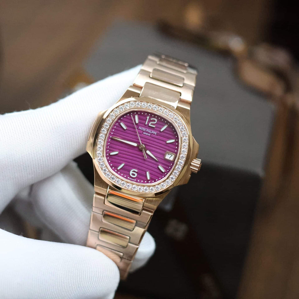PP Nautilus 7010/1R Rose Gold Purple Dial Diamond Bezel Replica GRF 32mm