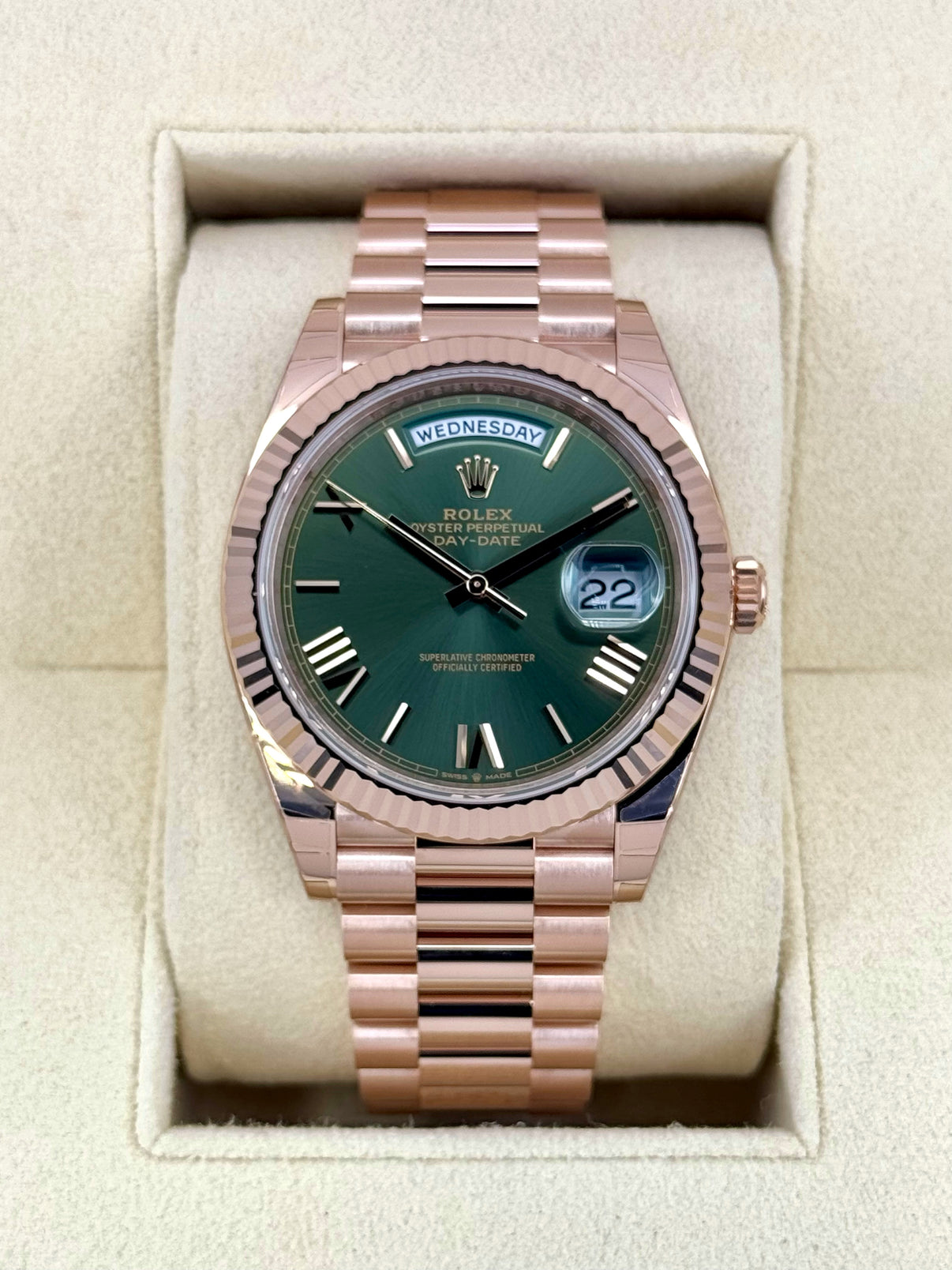 Day-Date 40mm Presidential Rose Gold Olive Dial Swiss Superclone