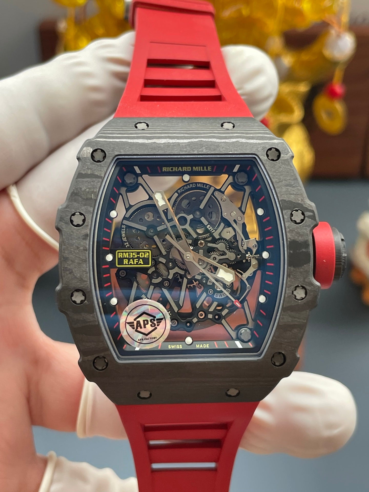 Richard Mille RM35-02 Rafael Nadal Black Carbon TPT 1:1 Super Clone Top Quality Free Sprung APSF V2 49.94mm x 44.5mm