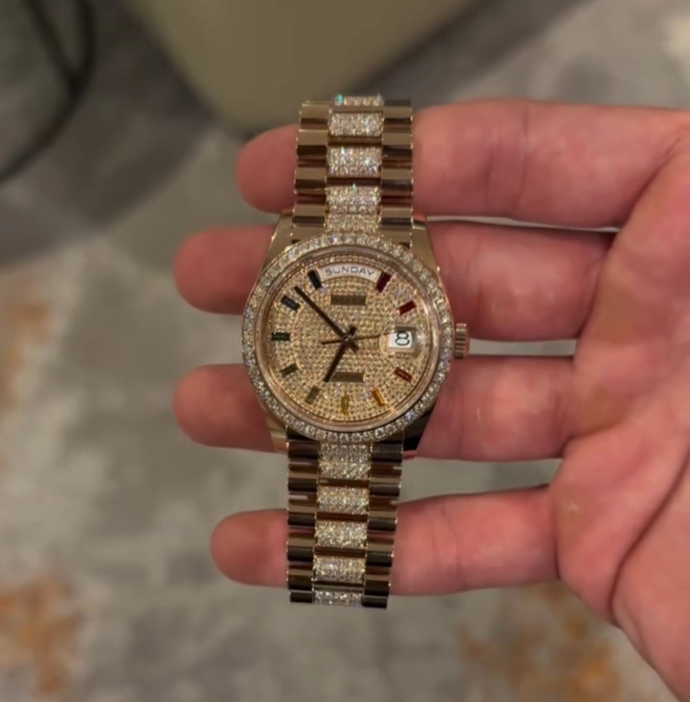 DayDate 36mm rainbow fully icedout gold swiss superclone