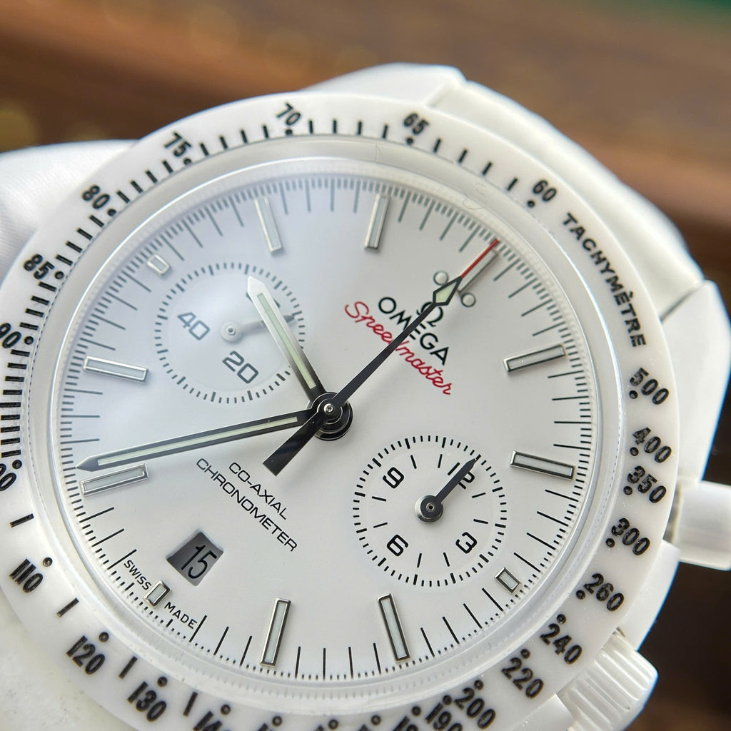 Omega Speedmaster White Side of The Moon White Ceramic Leather Strap Replica 44mm