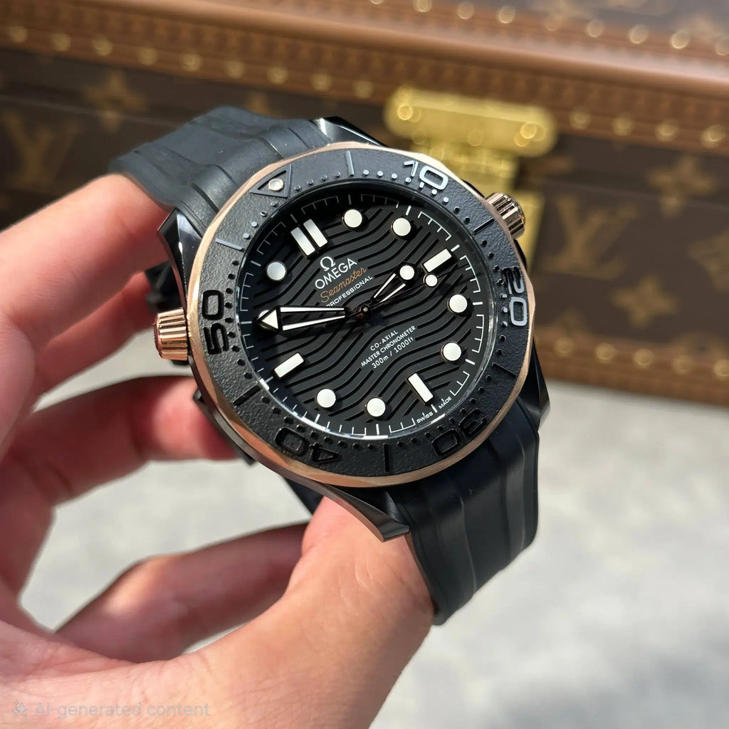 Seamaster Diver 300M Black Ceramic and Sedna Gold Rubber Strap Best Replica 43.5mm