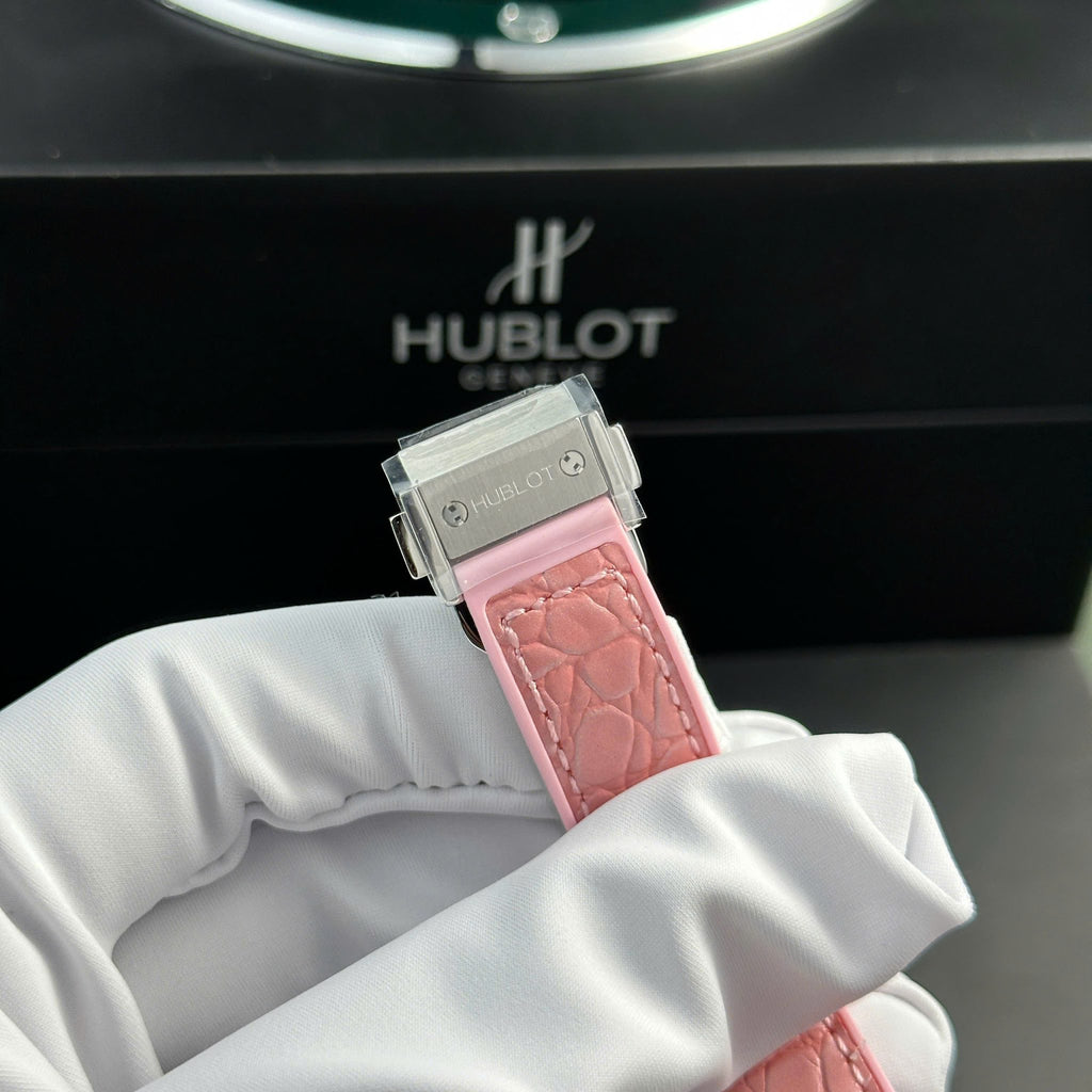 Hublot Classic Fusion Titanium Pink MOP Dial CZ Stones Bezel Leather Strap Ladies Replica 33mm