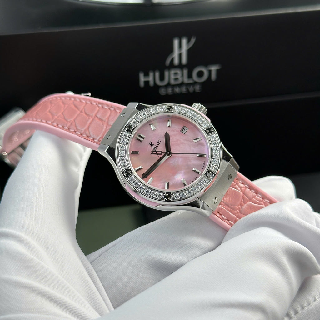 Hublot Classic Fusion Titanium Pink MOP Dial CZ Stones Bezel Leather Strap Ladies Replica 33mm