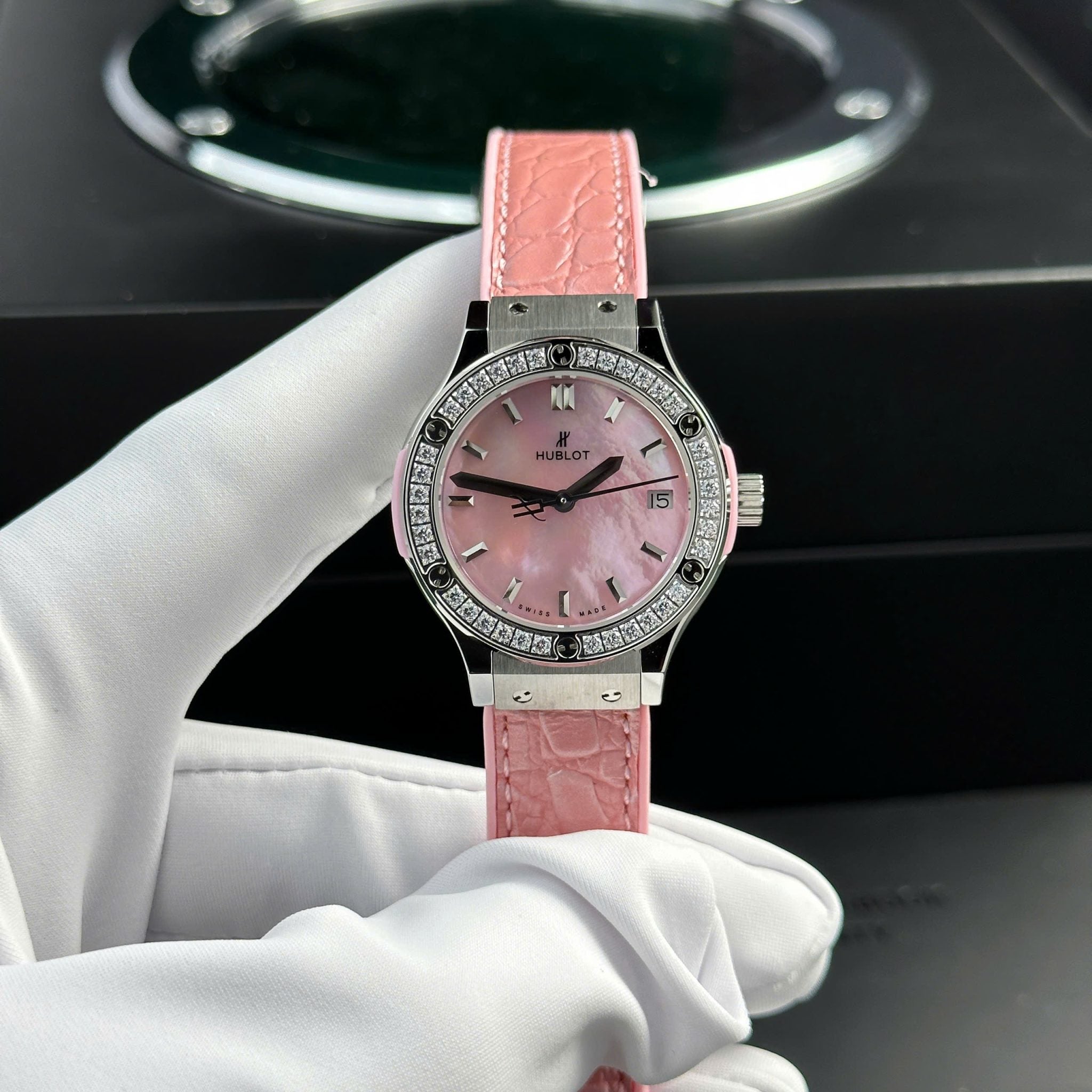 Hublot Classic Fusion Titanium Pink MOP Dial CZ Stones Bezel Leather Strap Ladies Replica 33mm