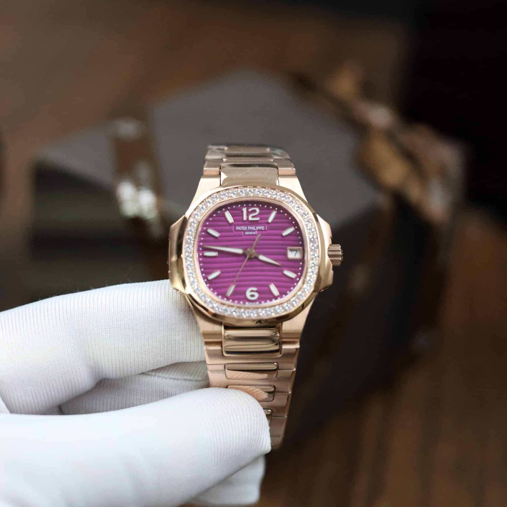 PP Nautilus 7010/1R Rose Gold Purple Dial Diamond Bezel Replica GRF 32mm